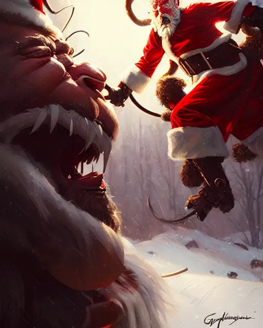 Image similar to santa battles krampus, fine details, realistic shaded lighting poster by greg rutkowski, magali villeneuve, artgerm, jeremy lipkin and michael garmash and rob rey