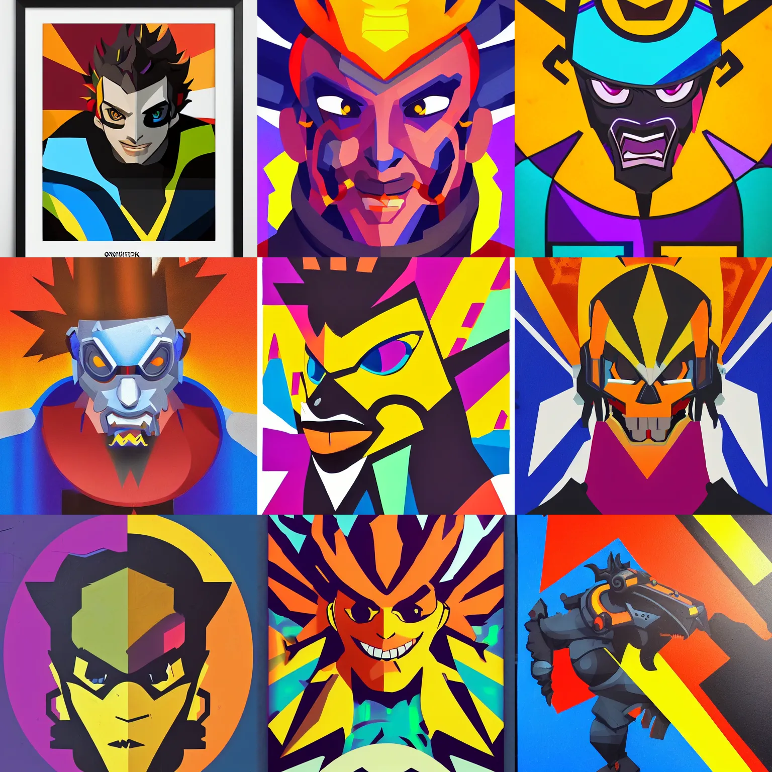 Prompt: Overwatch, a portrait of Junkrat, geometric shapes, vibrant colors, spray paint, rounded corners