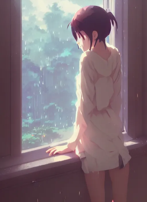 Image similar to girl near the window, rainy outside, illustration concept art anime key visual trending pixiv fanbox by wlop and greg rutkowski and makoto shinkai and studio ghibli