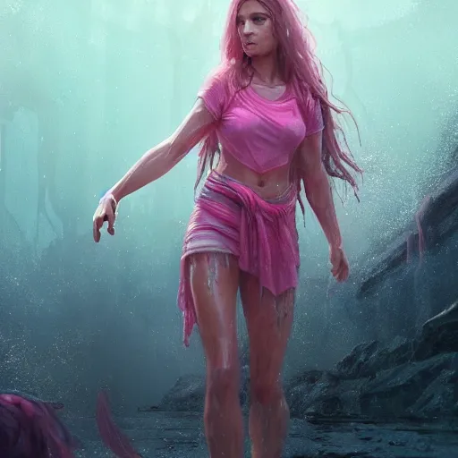 Prompt: an beautiful female survivor wearing a pink shirt, goddess, wet flowing hair, blurry backround, artstation, matte painting, made by greg rutkowski, concept art, epic portrait, 8 k, insanely detailed,