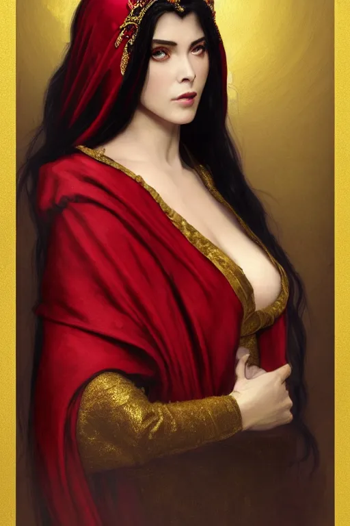 Image similar to Portrait of historically accurate, ancient biblical, sultry, sneering, evil, pagan, wicked, young queen jezebel, wearing gilded red robes, long black hair, intricate, elegant, highly detailed, digital painting, artstation, concept art, smooth, sharp focus, illustration, art by artgerm and greg rutkowski and alphonse mucha and andrei riabovitchev