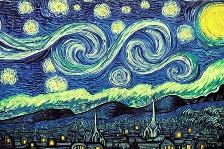 Image similar to man is seeing old god eldritch horror cthulhu terrifying the night sky of a city, epic scene, hyper - detailed, gigantic cthulhu, realistic dark - art painted by van gogh