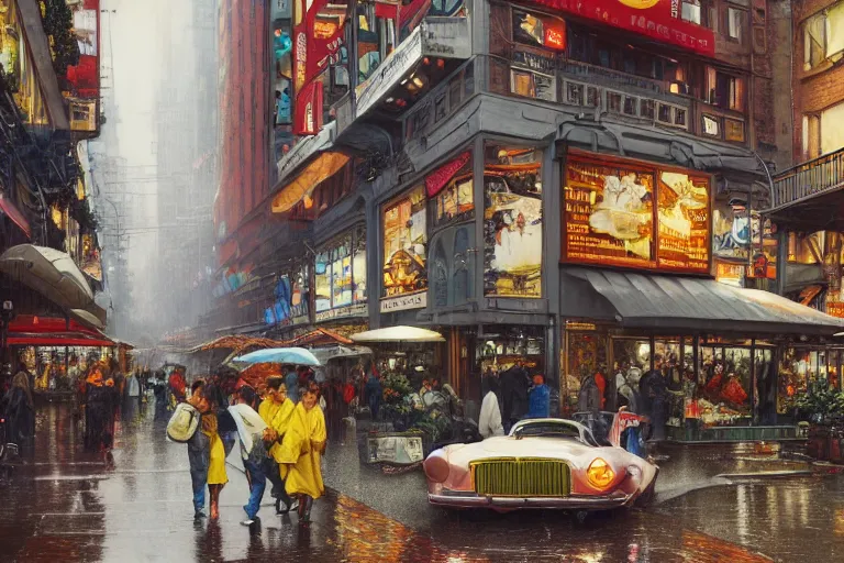 Prompt: highly detailed vibrant rainy busy norman rockwell city, street level view. detailed shops, advertising everywhere, people and robots walking around. futuristic cars, art by norman rockwell, lush detail, award winning, wlop, octane render, by norman rockwell, 8 k