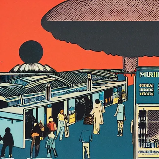 Image similar to A 1980s poster of a hawker centre and mushroom cloud