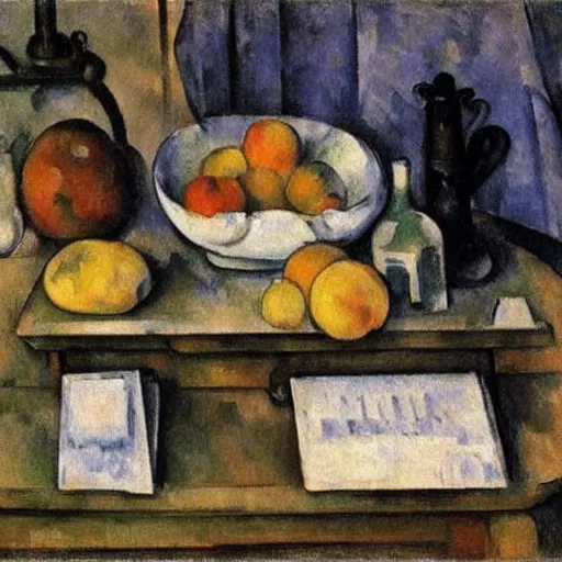 Prompt: still life of a coffee next to a cash register on the counter, Paul Cezanne, 1895, award-winning, realistic, oil painting, muted lighting, pastel colors