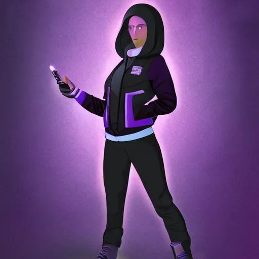 Image similar to poster artwork, sci fi, a female, full body, black hoodie techie, black hair with purple streaks, 8 k