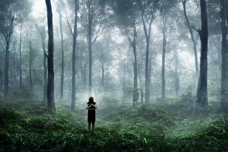 Image similar to a tourist visiting a complex organic fractal 3 d ceramic sphere floating in a lush forest, foggy, cinematic shot, photo still from movie by denis villeneuve