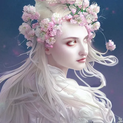 Image similar to a photograpic portrait of a anthropomorphic cherry - blossom wearing white clothes, fantasy, intricate, elegant, highly detailed, digital painting, artstation, concept art, smooth, sharp focus, illustration, art by artgerm and h r giger and alphonse mucha