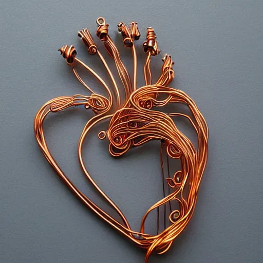 Image similar to a very beautiful tiny ( ( ( ( human heart ) ) ) )!!!!!!!!!!!!!!!!!!!!!!!!! organic sculpture made of copper wire and threaded pipes, very intricate, curved. studio lighting, high resolution, high quality, black background