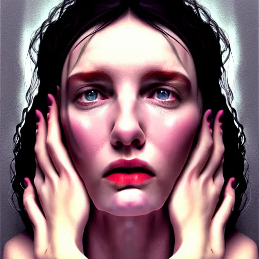 Prompt: hyperrealistic portrait of a woman terrified of three men and a woman, aesthetic, trending on artstation, detailed digital art,