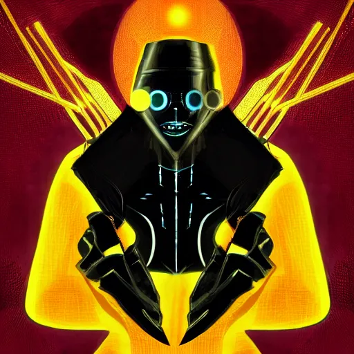 Prompt: villian, electronic enigma, in the style of simon beasley