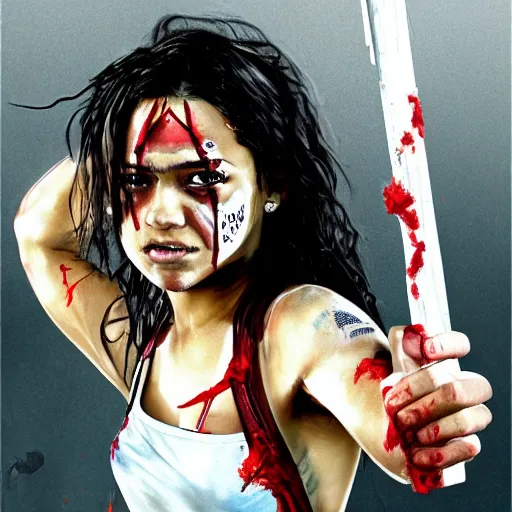 Image similar to a young Michelle Rodriguez dressed in tattered clothes, with red face paint in fighting pose holding a broom, wide full body, movie poster, realistic hyper detailed concept art