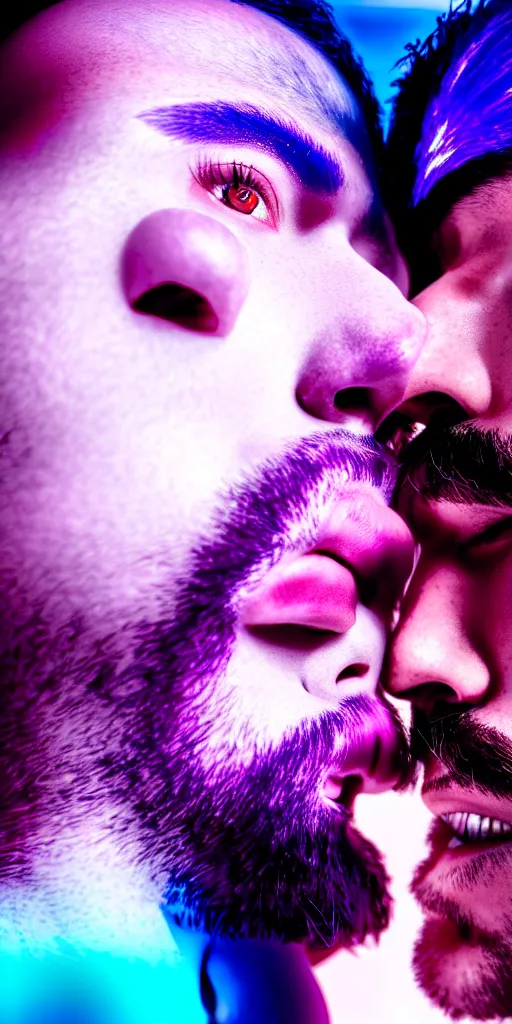 Prompt: hyperrealistic close-up of cyborg man kissing another man with purple hair and pearlescent blue skin dali machiej kuciara very dramatic neon lighting on one side wide angle 35mm shallow depth of field