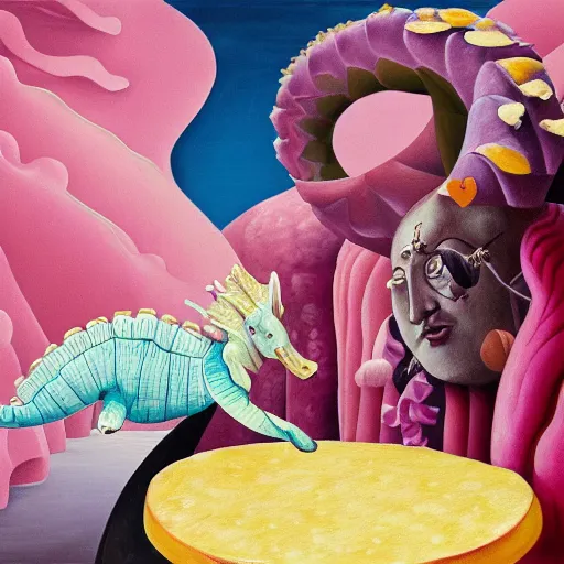 Image similar to a highly detailed oil painting of a pink dolphin queen and a pangolin king ruling a cheese kingdom where everything is made from different types of cheese, surreal, 4 k, trending on art station, in the style of dali, boch, matisse caravaggio, comical