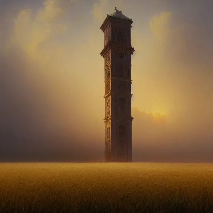 Prompt: a beautiful painting of a clock tower in a field of golden wheat by ivan aivazovsky and zdzisław beksinski and rene magritte and greg rutkowski and james gurney, in style of digital art. hyper detailed. octane render. maya. trending on artstation