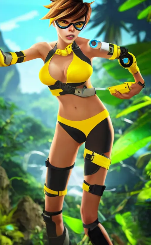 Prompt: tracer game character, in yellow bikini, blonde hair, black eyes, hands free, against the background of the jungle full height