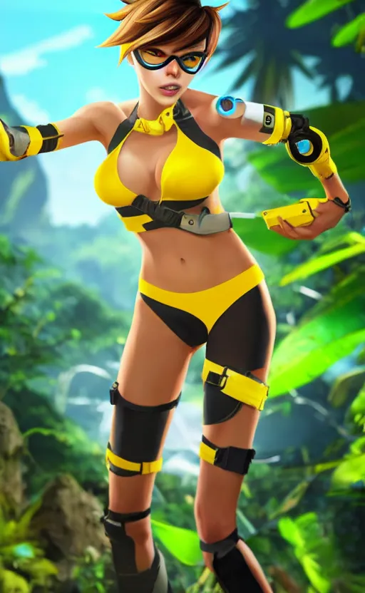 prompthunt: tracer game character, in yellow bikini, blonde hair