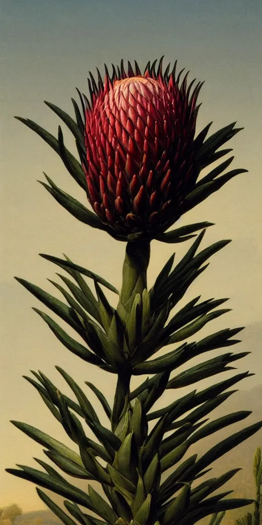 Prompt: tall king proteas against a black backdrop by martin johnson heade, detailed brush strokes, artstation