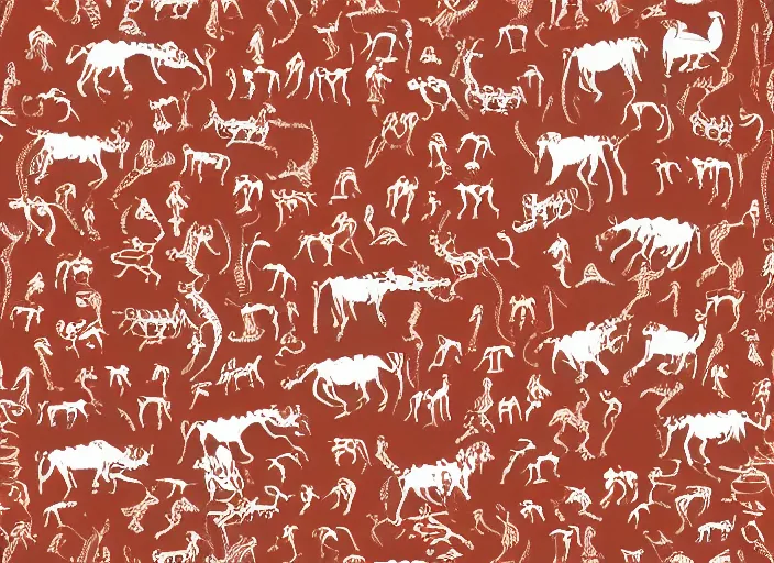 Image similar to painted pattern which depicts figures of ancient hunters, mammoths and buses, rock cave painting, red ocher