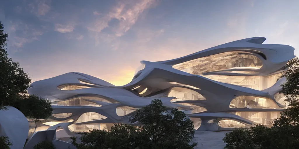 Prompt: extremely detailed ornate stunning sophisticated beautiful house by zaha hadid, stunning volumetric light, sunset, concrete and translucent material, stunning skied, 8k