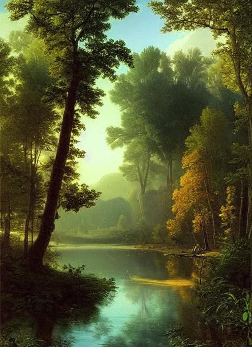 Prompt: a bright calm morning mirror river, light shafts, dewdrops, stunning atmosphere, nature art by asher brown durand, by ivan shishkin