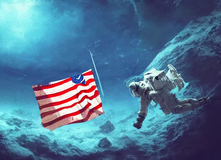 Image similar to astronaut underwater putting a flag in the sand of the bottom of the ocean. in the background, a submarine is visible. dark, concept art, cinematic, dramatic, atmospheric, 8 k, trending on artstation, zack snyder