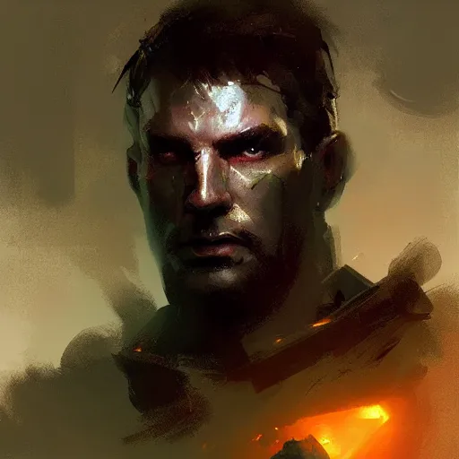 Image similar to Portrait painting of a paladin by greg rutkowski and Craig Mullins, Dark atmospheric and cinematic lighting