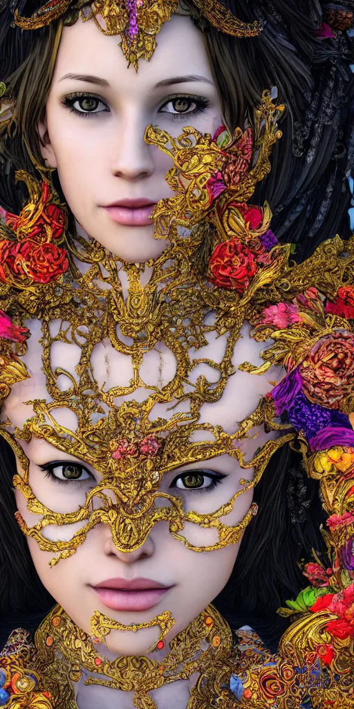 Prompt: portrait of karen 0, realistic, 4 k, fine details, wearing an ornate costume, concept art, high art, colorful