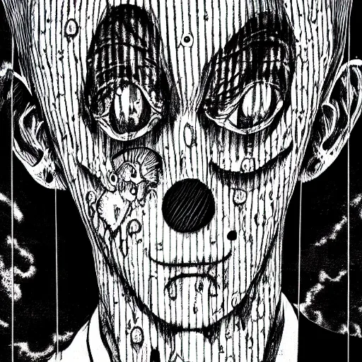 Image similar to junji ito's It (2018), manga panel, clown, black and white,
