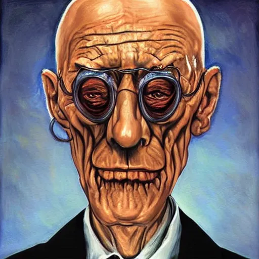 Image similar to professor farnsworth from futurama, painting, art by h. r. giger