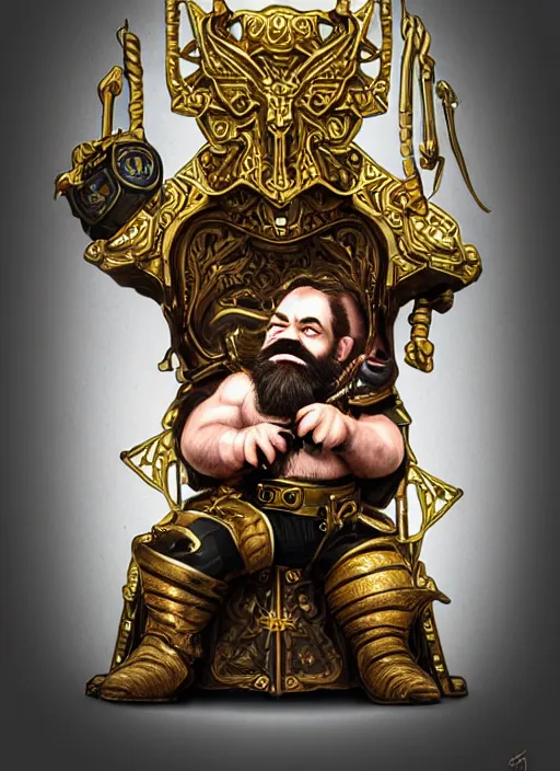 Image similar to dwarf fighter sitting in mechanical spider chair, gold, exquisite details, black beard, white background, by studio muti