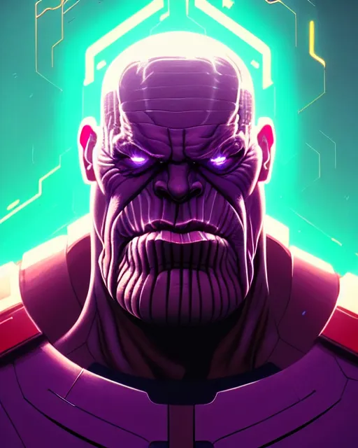 Prompt: highly detailed closeup portrait of a highly tech - enhanced thanos who has many biological implants, by atey ghailan, by greg rutkowski, by greg tocchini, by james gilleard, by joe fenton, by kaethe butcher, red, black, crimson and grey color scheme