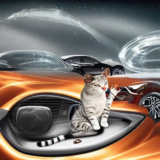 Prompt: wealthy humanoid cats driving luxury cars, digital art