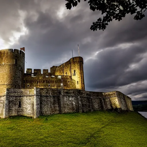 Image similar to Dover castle surrounded by floodwater, England, dramatic lighting, god rays, cinematic, epic, HDR