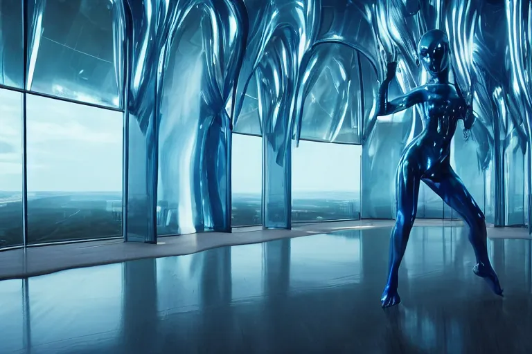 Image similar to vfx movie scene closeup of beautiful blue skin alien woman dancing in sleek futuristic decadent spaceship pillars, futuristic ballroom. giant windows view of earth obit. by emmanuel lubezki