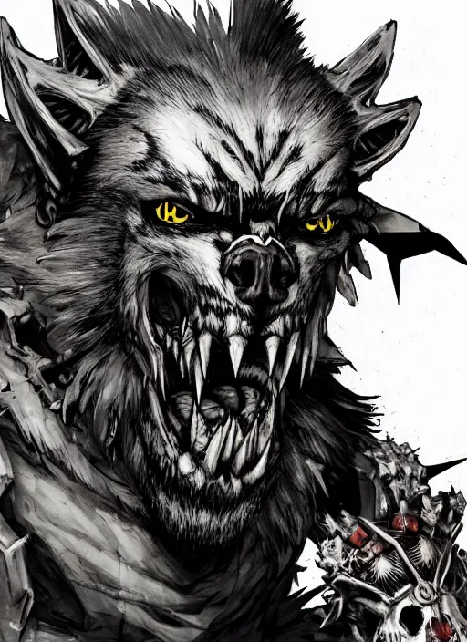 Image similar to Half body portrait of a scary gnoll wolf man with human and animal skulls as attire. In style of Yoji Shinkawa and Hyung-tae Kim, trending on ArtStation, dark fantasy, great composition, concept art, highly detailed.