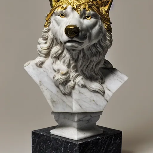 Prompt: a white marble bust of a wolf with gold filigree