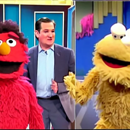 Prompt: ted cruz fighting getting black eye punched and kicked by a gang of buff strong muppets on sesame street