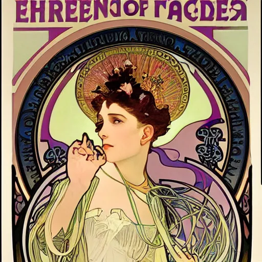 Prompt: The goddess of Fake News poster by Alphonse Mucha