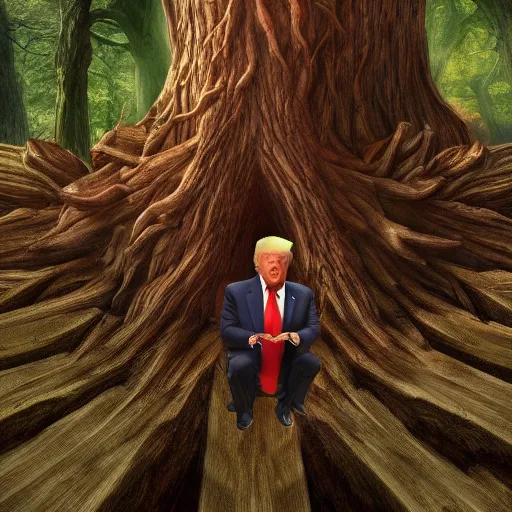 Image similar to donald trump is fused into a tree stump, hyperdetailed, artstation, cgsociety, 8 k