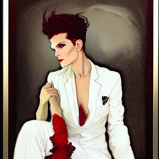 Prompt: tempting portrait of androgynous ruby rose as desire from sandman in a white tuxedo!!!, rockabilly style,, by alphonse mucha, by jeremy mann, by peter lindbergh, dave mckean, by frank moth, white suit and black tie, soft lightning, high detailed, 8 k