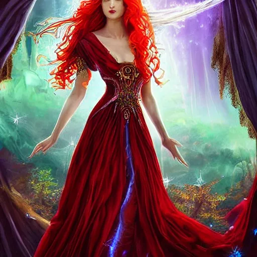 Prompt: Fantastic, fairytale painting, Beautiful, sorceress, long flowing red hair, intense glowing eyes, light emitting from fingetips, hovering, ornate gown, royalty, surrounded by a crowd of people, onlookers, kingdom