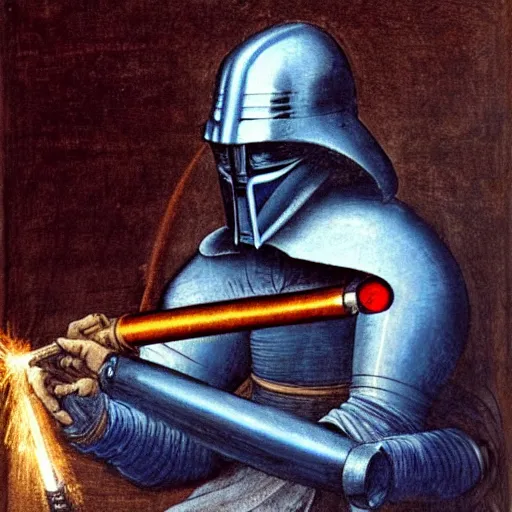 Image similar to a paint of a knight welding a blue lightsaber by Leonardo da Vinci