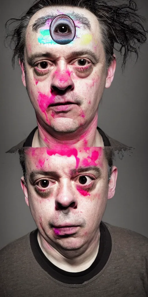 Image similar to award winning photo of todd solondz mixed with mike patton, vivid colors, happy, symmetrical face, beautiful eyes, studio lighting, wide shot art by roger ballen & francis bacon