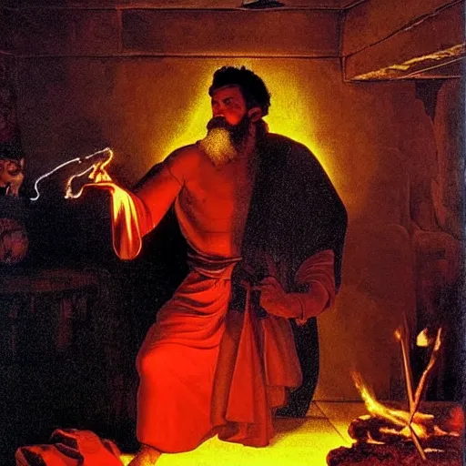 Image similar to God of forging and fire hephaistus creating the first artificial neural network in his volcanic laboratory, hephaistos has a beard and a red cape and is very strong, cinematic lighting, dark background, painting by caravaggio