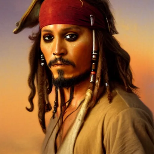 Prompt: Painting of Jack Sparrow. Art by William Adolphe Bouguereau. During golden hour. Extremely detailed. Beautiful. 4K. Award winning.