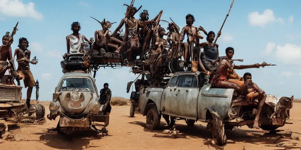 Image similar to sri lankan mad max style, bongo drum players on top of a truck, film still, epic shot cinematography, rule of thirds