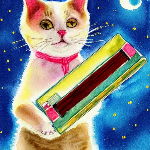 Image similar to pastel watercolor cute portrait of a cat playing the harmonica under the stars