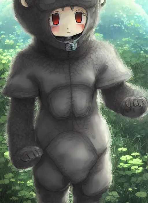 Image similar to beautiful little boy wearing an cyborg bear suit, artwork in kentaro miura and made in abyss and rosdraws, smooth, beautiful lightness, anatomically correct, trending on pixiv, forest