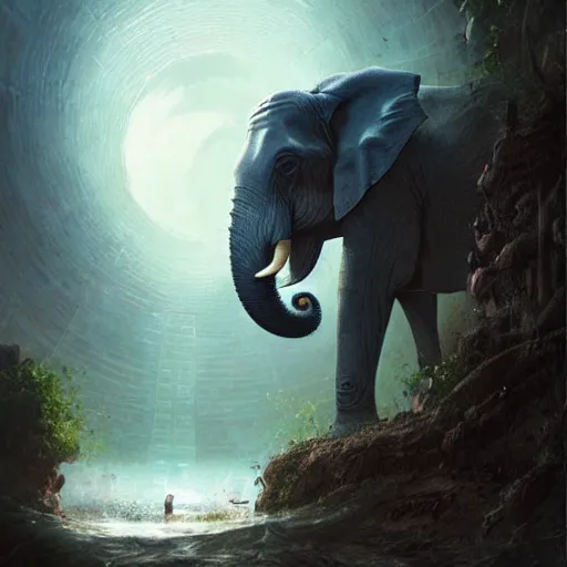 Image similar to an elephant discovering the lost city of atlantis,digital art,detailed,ultra realistic,art by greg rutkowski